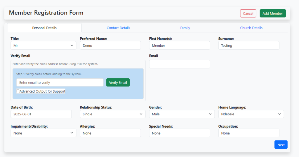 A glimpse of the new tabbed interface for adding a new member.